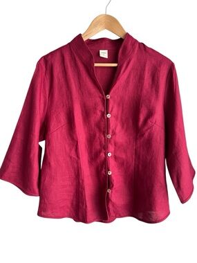 Lintico Amelia 100% Linen Button Front Blouse Sz L Raspberry Red Shirt Top EUC